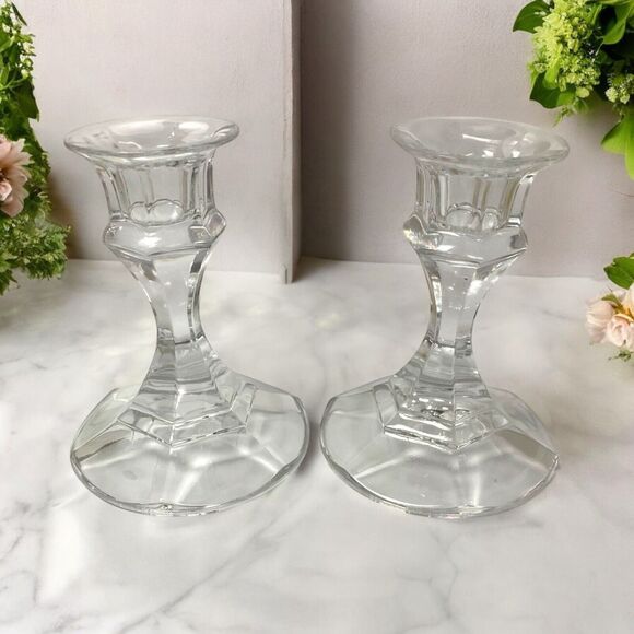 Set of 2 Cut Glass Candlestick Taper Candle Holders  4 1/4” Tall - Picture 1 of 9